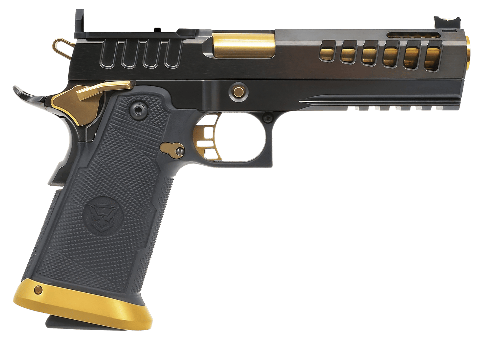 Watchtower Firearms DEMOLITIA9MM5ELITE Demolitia Full Size Frame 9mm Luger 20+1 5" Gold Plated PVD Ported Barrel, Graphite PVD Optic Cut/Serrated Steel Slide, Graphite PVD Frame, Black Textured Grip