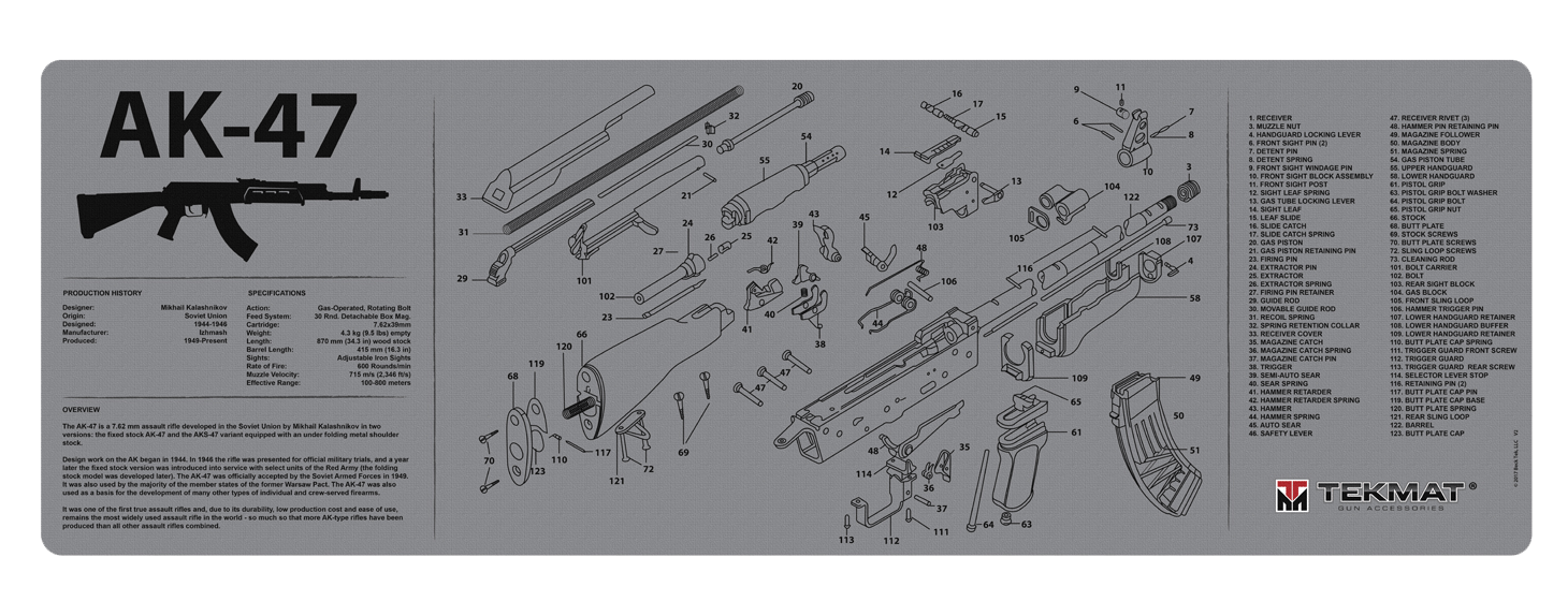 TekMat TEKR36AK47GY AK-47 Cleaning Mat Black/Gray Rubber 12"x36" AK-47 Parts Diagram