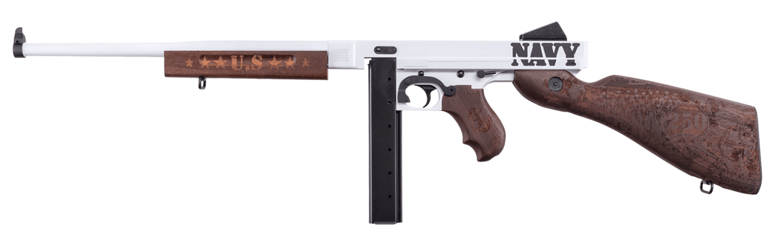 Thompson TM1C5 Navy 250th Anniversary 45 ACP 30+1 16.50" Arctic White & Savage Stainless Cerakote Arctic Steel Barrel & Receiver, Engraved Walnut Fixed Stock, Engraved Wood Grip