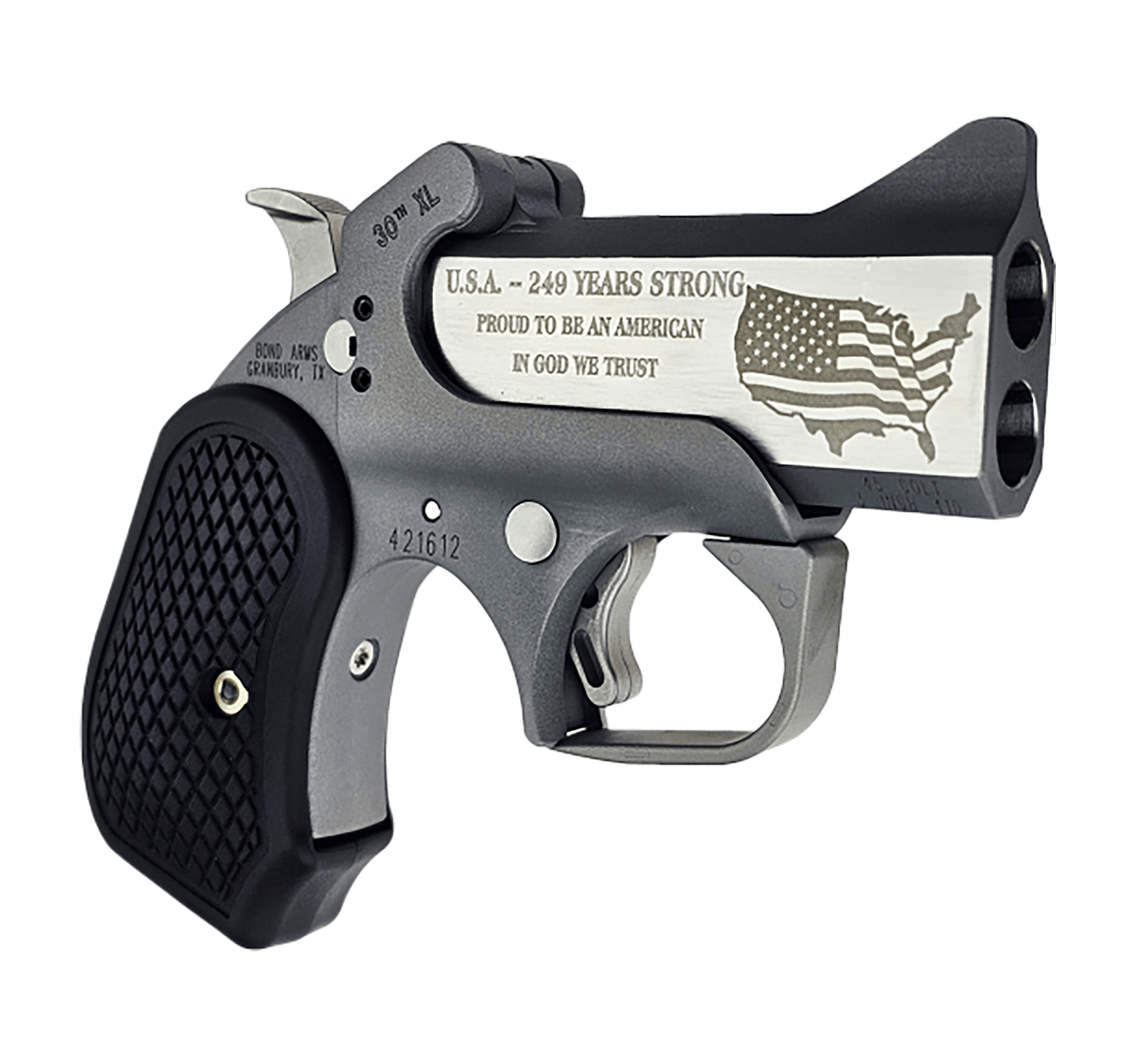 Bond Arms BA30THXL-45LC/410 30th Anniversary Rough Series 45 Colt/410 Gauge 2 Shot 3" Engraved Matte Double Barrel Rough Matte Stainless Steel Frame Black Extended B6 Resin Grips Right Hand
