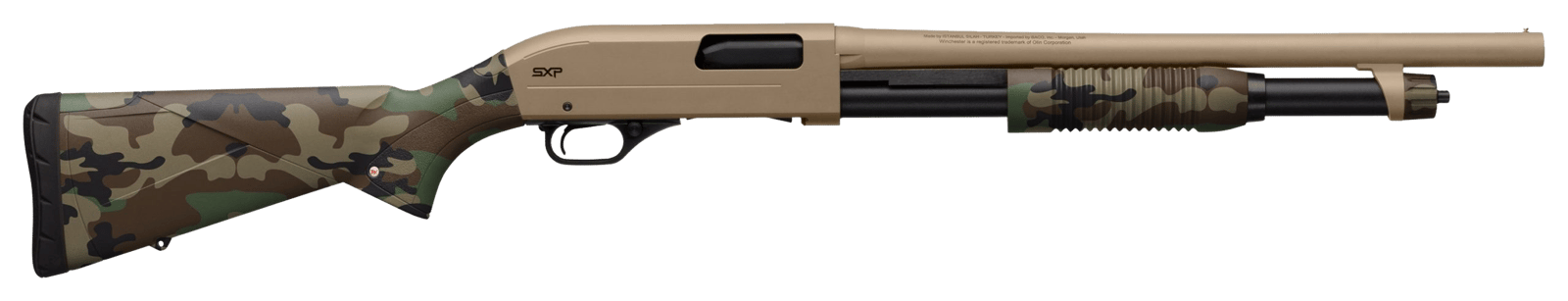 Winchester Repeating Arms  SXP Defender 20 Gauge 3" 5+1 (2.75") 18" Barrel, FDE Drilled & Tapped Rec, Woodland Camo Textured Stock, Tactical  Ribbed Forearm, Inflex Recoil Pad