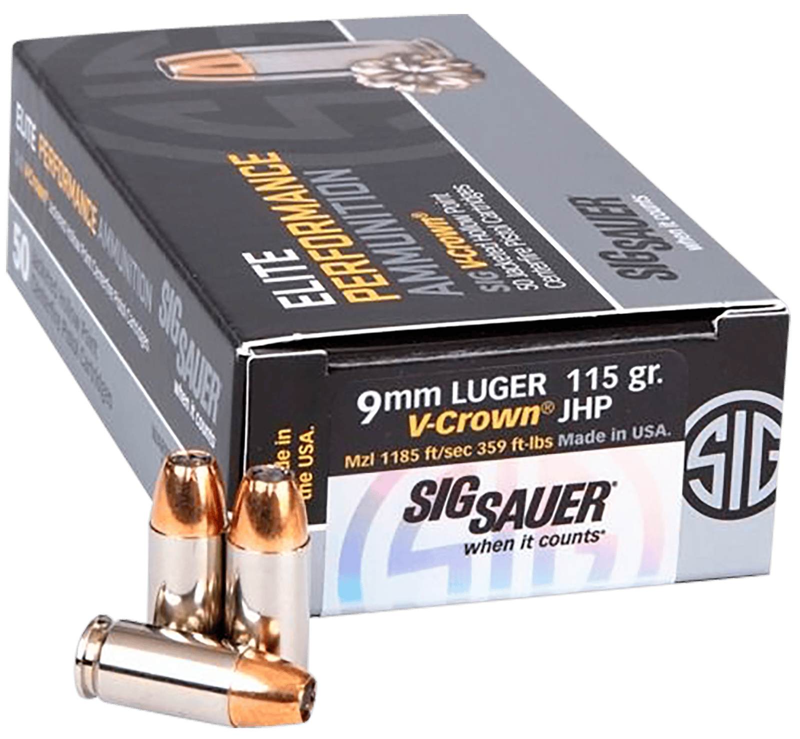 Sig Sauer E9MMA1COMP50 Match Elite Competition  9mmLuger 115gr V-Crown Jacketed Hollow Point 50 Per Box/20 Case