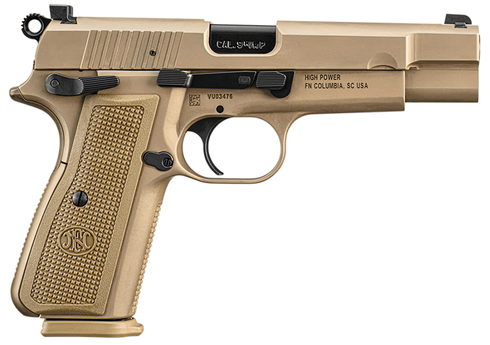 FN 66101117 High Power  9mm Luger 10+1, 4.70" Black Target Crown Steel Barrel, Flat Dark Earth PVD Serrated Steel Slide & Steel Frame w/Beavertail, FDE Textured Polymer Grip, Ambidextrous