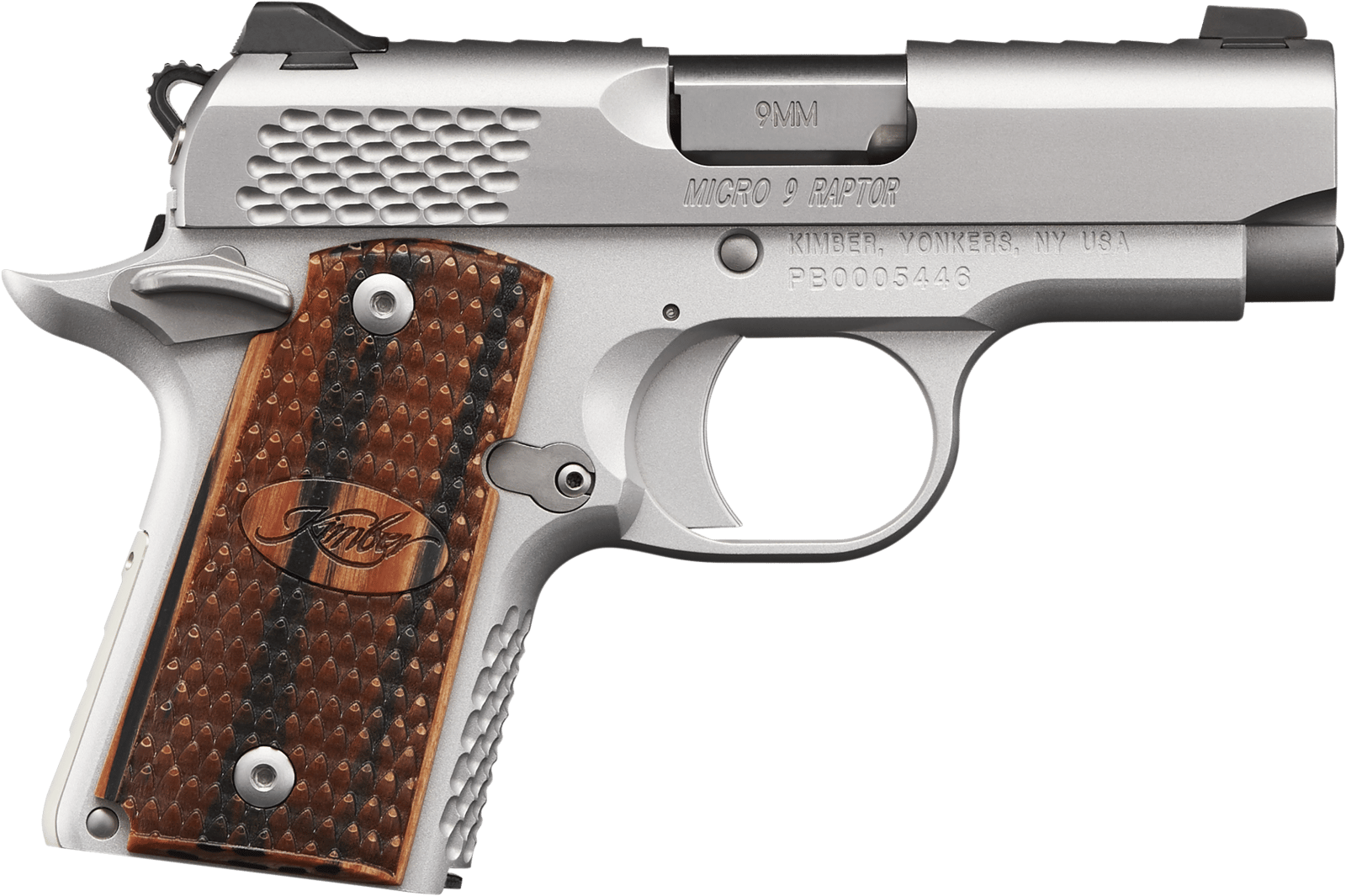 Kimber Mfg.,inc 3300109 Micro 9 Stainless Raptor 9mm 6+1 3.15" Stainless Steel Slide KimPro Silver Zebrawood with Scale Pattern and Kimber logo Grip