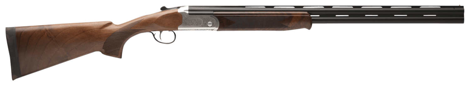 Stevens 22593 555 E Full Size 20 Gauge Break Open 3" 2rd 26" Black Satin Vent Rib Barrel, Engraved Satin Silver Aluminum Receiver, Fixed Satin Turkish Walnut Stock, Ambidextrous
