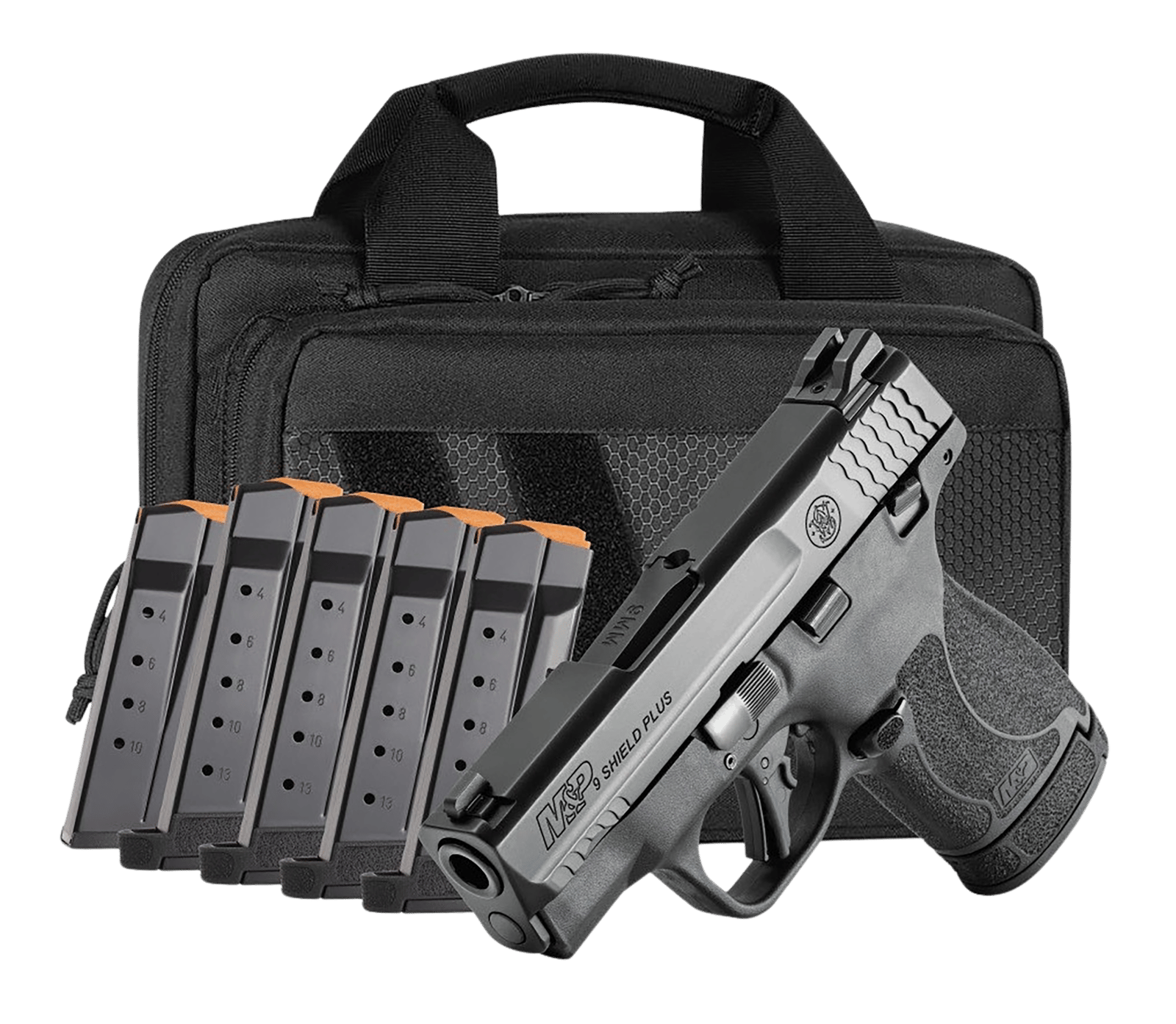 Smith & Wesson 14750 M&P Shield Plus Bundle Micro-Compact 9mm Luger 13+1, 3.10" Black Armornite Stainless Steel Barrel & Serrated Slide, Matte Black Polymer Frame,  Thumb Safety, 6 Mags & Bag