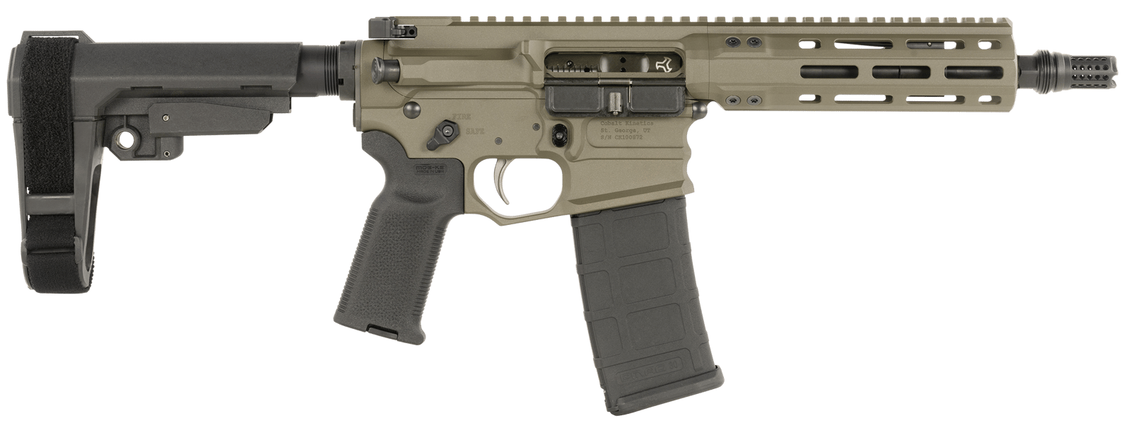 Cobalt Kinetics CKPROLITE30075CKG Pro Lite  300 Blackout 30+1 7.50" Black Melonite Barrel, CK Green Aluminum Receiver w/Picatinny Rail, Black Polymer SB Tactical SBA3 Brace, Black Polymer Grip