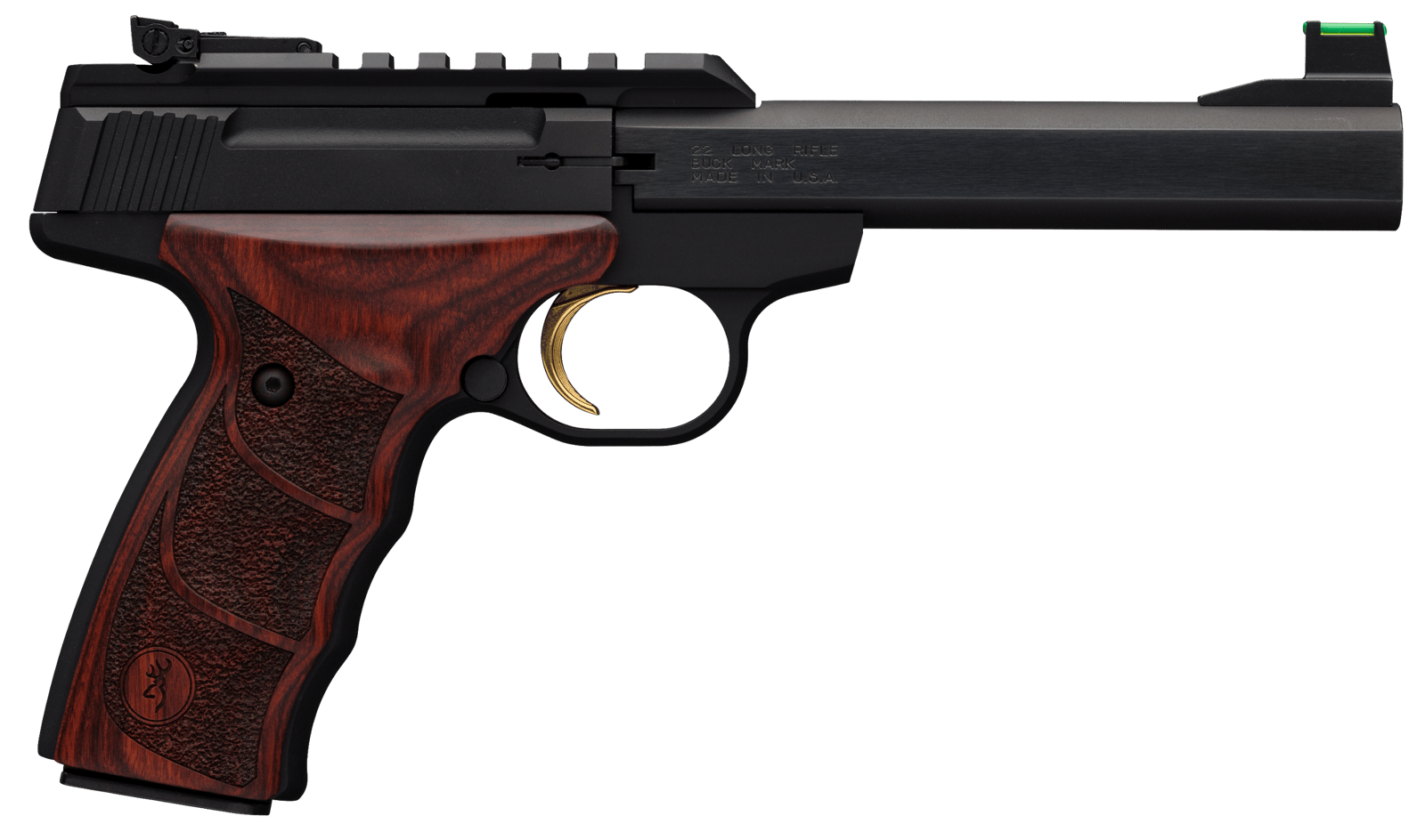 Browning 051533490 Buck Mark Plus 22 LR 10+1 5.50" Slab Side Barrel Matte Black Serrated Steel/Optic Ready Slide & Aluminum Frame Rosewood Finger Grooved Ultragrip DX Grip