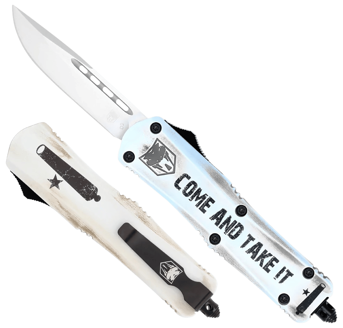 CobraTec Knives SCATIFS3DNS FS-3 Come And Take It Small 3" OTF Drop Point Plain D2 Steel Blade 4.50" White "Come And Take It" Aluminum Cerakoted Handle Includes Glass Breaker/Pocket Clip