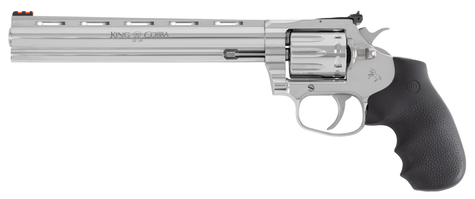 Colt Mfg KCOBRA22SP8RFO King Cobra Target 22 LR 10rd Shot 8" Stainless Vent Rib Barrel, Stainless Steel Cylinder & Frame, Black Hogue Overmolded Grip, Exposed Hammer