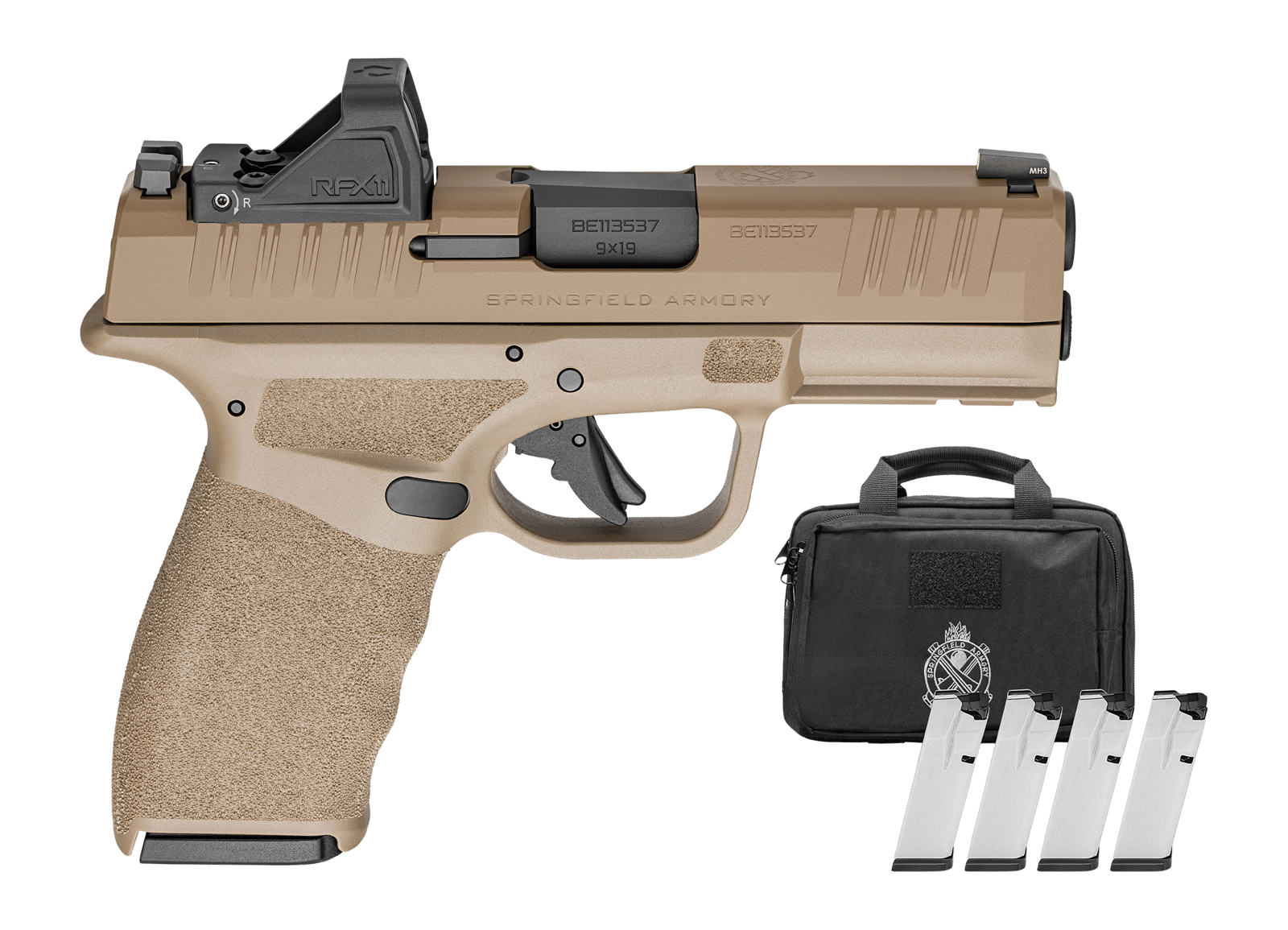 Springfield Armory HCP9379FOSPPAC Hellcat Pro OSP 9mm Luger 17+1 3.70" Black Melonite Barrel, FDE Cerakote Steel Optic Ready/Serrated Slide & Polymer Frame w/Picatinny Rail, Adaptive Texture Grip