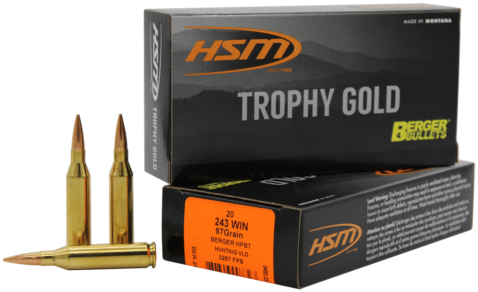 HSM 24387VLD Trophy Gold Extended Range 243 Win 87 gr Berger Hybrid Tactical Open Tip Match 20 Per Box/ 25 Case