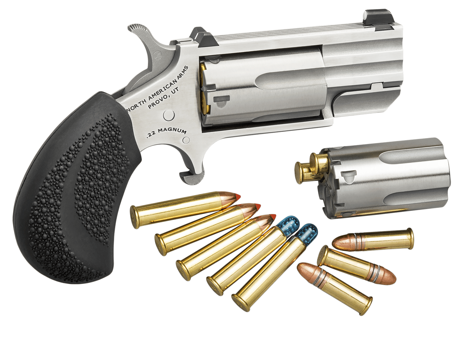 North American Arms PUGDC Pug Conversion 22 LR/22 WMR 5 Shot 1" Stainless Steel Barrel, Stainless Steel Frame, Stainless Cylinder, Black Rubber Grip, Exposed Hammer, XS White Dot Sight