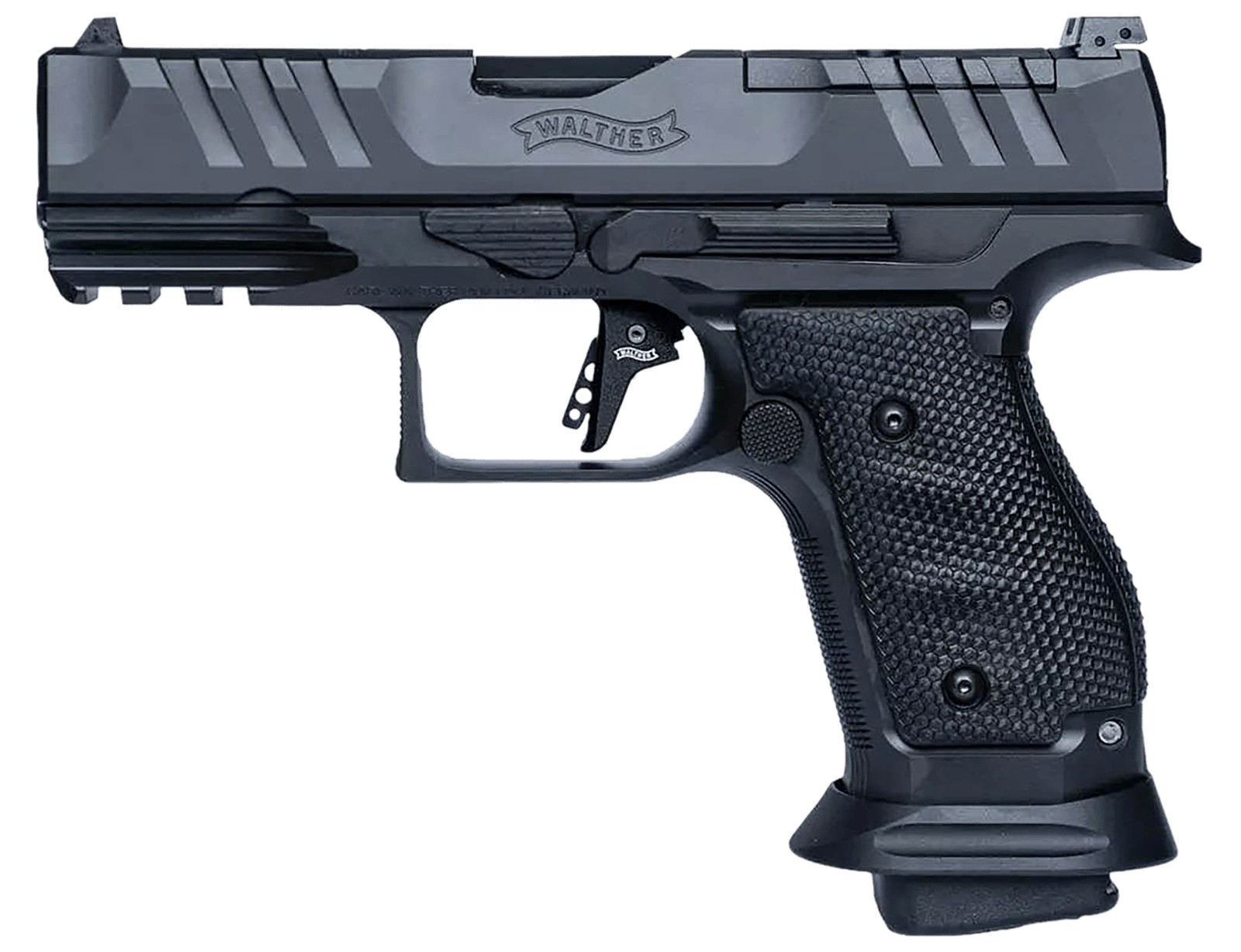 Walther Arms 2896991 PDP Pro Compact Frame 9mm Luger 18+1 4" Black Steel Barrel, Black Optic Cut/Serrated Steel Slide, Black Steel Frame w/Picatinny Rail, Textured Wraparound Grip