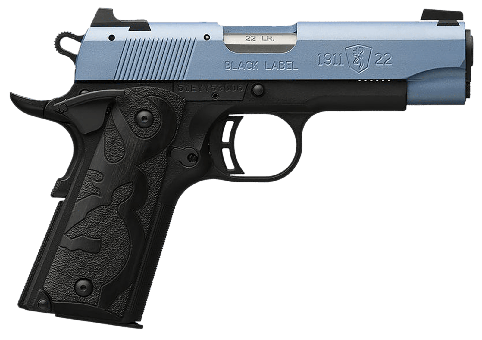 Browning 051898490 1911 Black Label Compact Frame 22 LR 10+1, 3.63" Matte Stainless Steel Barrel, Polar Blue Cerakote Serrated Slide, Matte Black Polymer Frame w/Beavertail, Black Laminate Wood Grip