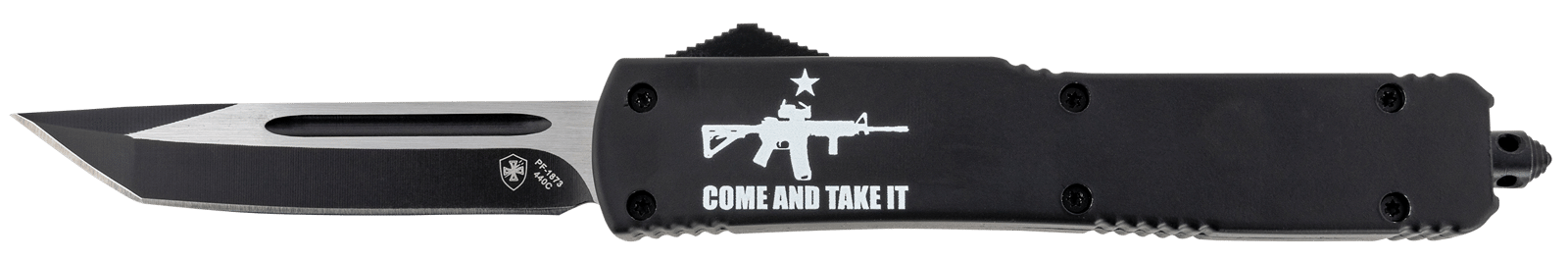 Templar Knife MAR15231 Gen II Come And Take It Slim 3.43" OTF Tanto Plain Black Oxide Stonewashed 440C SS Blade, 5.05" Black w/ "Come And Take It" AR-15 Gun Aluminum Handle, Glass Breaker