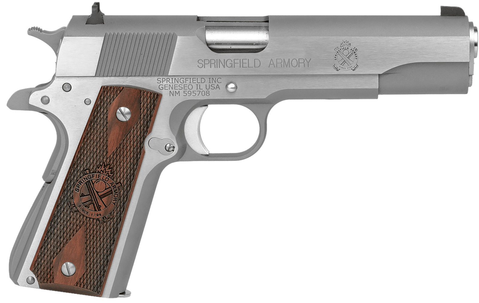 Springfield Armory PB9151LCA 1911 Mil-Spec *CA Compliant 45 ACP 7+1, 5" Stainless Match Grade Steel Barrel, Serrated Stainless Steel Slide & Frame w/Beavertail, Crossed Cannon Cocobolo Grip