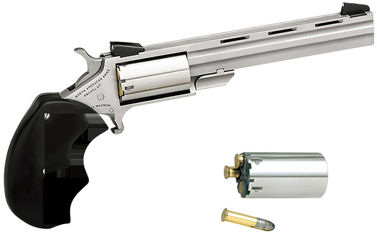 North American Arms MMC Mini-Master *CA Compliant 22 LR 22 WMR 5 Shot 4" Stainless Vent Rib Barrel, Stainless Steel Frame & Cylinder, Black Finger Grooved Rubber Grip, Exposed Hammer