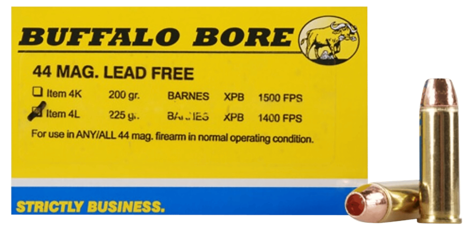 Buffalo Bore Ammunition 4L20 Buffalo-Barnes Strictly Business 44Rem Mag 225gr Barnes VOR-TX XPB Lead Free 20 Per Box/12 Case