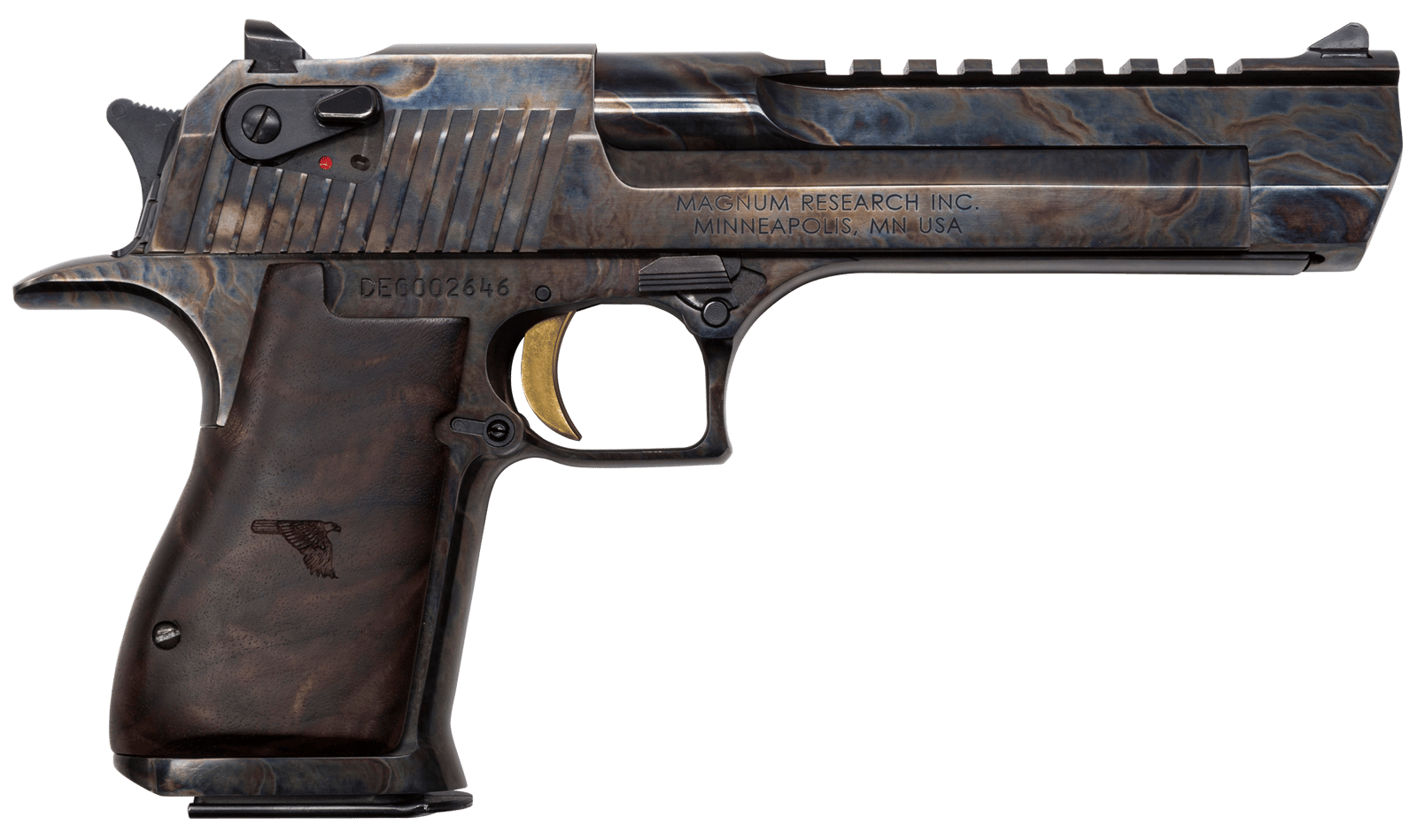 Magnum Research DE357CH Desert Eagle Mark XIX 357 Mag 6" 9+1 Color Case Hardened Carbon Steel with Clear Cerakote Frame & Slide Walnut with Engraved Desert Eagle Logo Grip