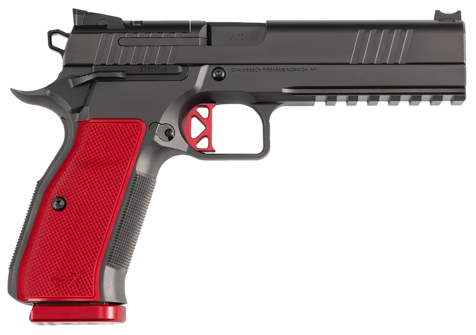 Dan Wesson 92013 DWX  9mm Luger 10+1 4.95" Black Match Grade Barrel, Black DLC Optics Ready Serrated Steel Slide, Black Aluminum Frame w/Beavertail & Picatinny Rail, Red Textured Aluminum Grip