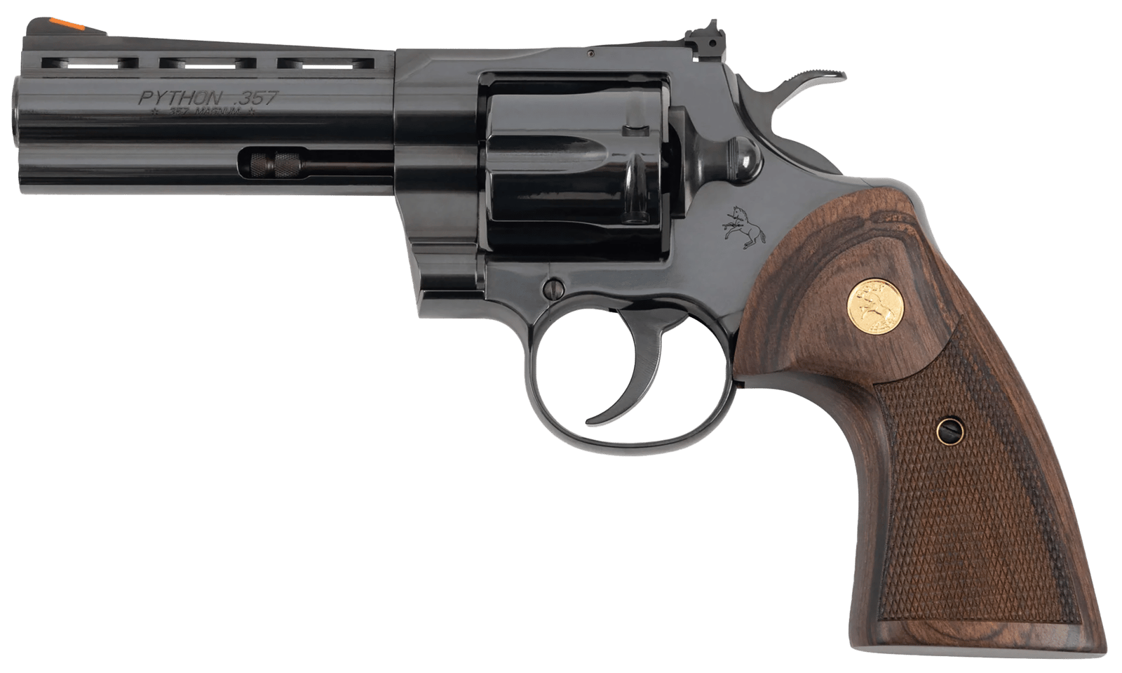 Colt Mfg PYTHONBP4WTS Python Target 357 Mag/38 Special 6 Shot 4.25" Matte Black Carbon Steel Recessed Target Vent Rib Barrel, Cylinder & Frame, Walnut w/Medallion Grip, Exposed Hammer
