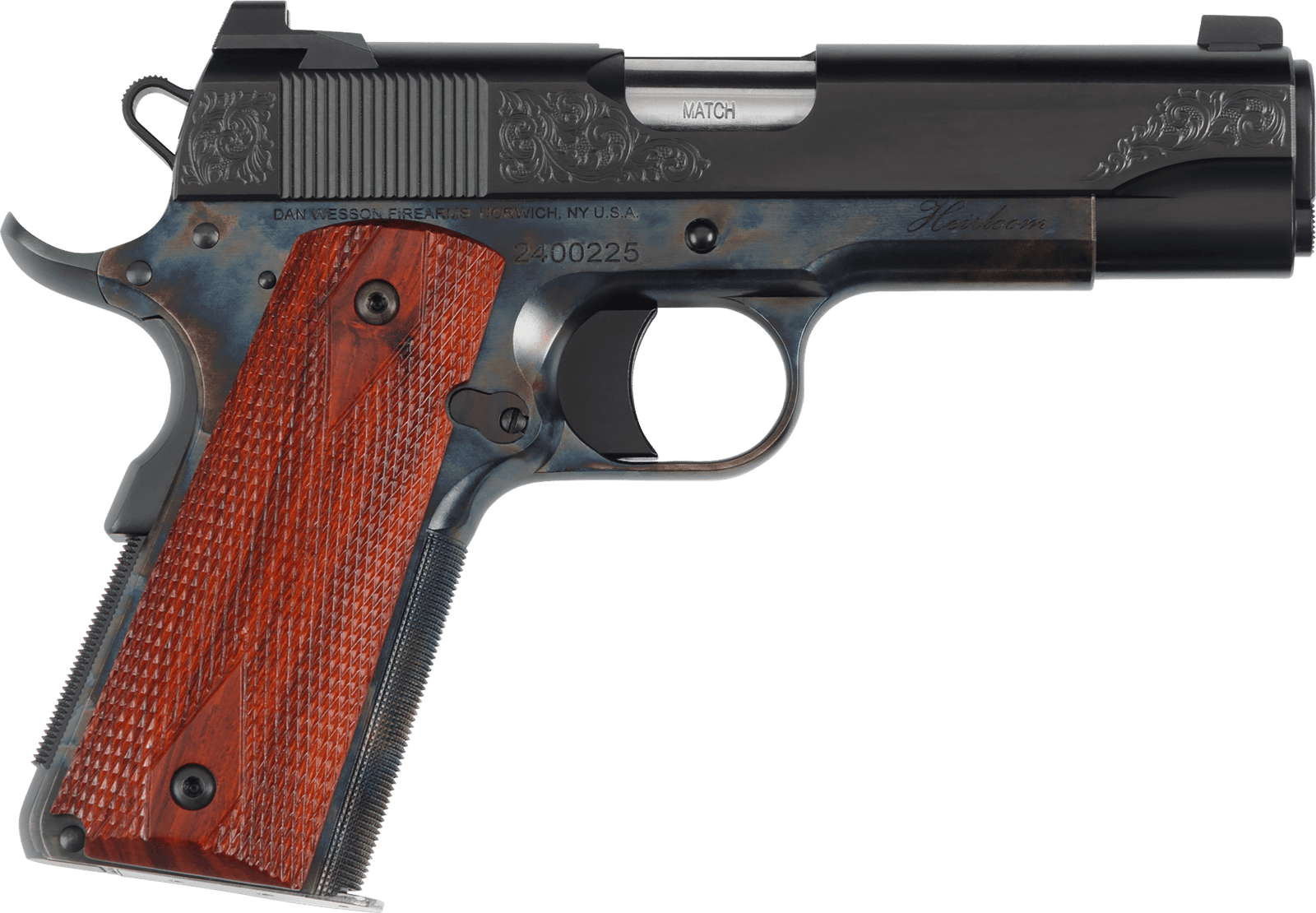Dan Wesson 01779 Heirloom 2024 45 ACP 8+1 4.25" Stainless Steel Barrel, Blued Serrated Carbon Steel Slide, Black Steel Frame w/Beavertail, Cocobolo Grip