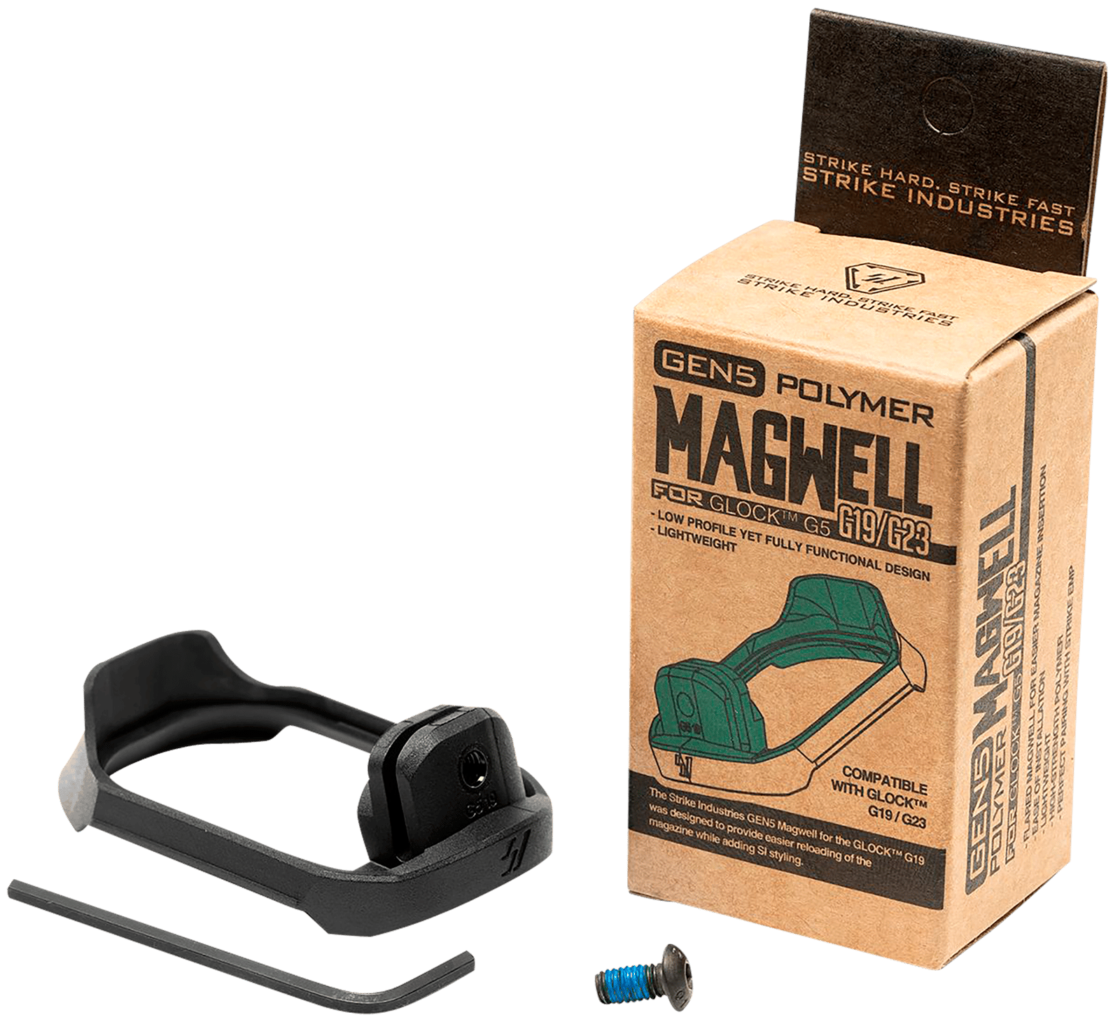 Strike Industries G5MAGWELL19 Flared Magwell  9mm Luger/40 S&W Compatible w/Glock 19/23 Gen5, Black Polymer