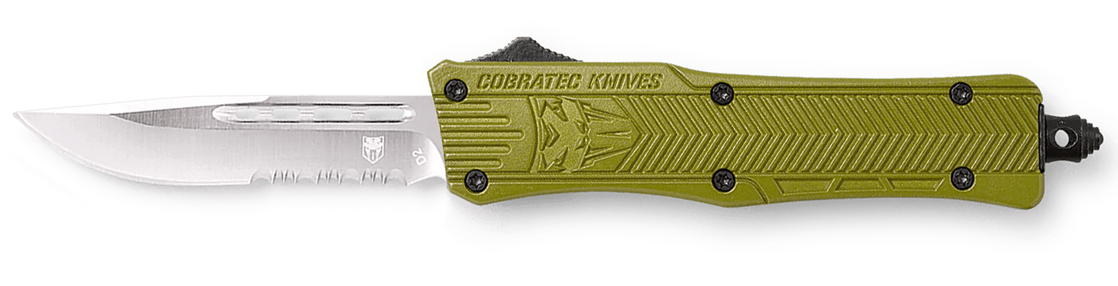CobraTec Knives SODCTK1SDS CTK-1 Small 2.75" OTF Drop Point Part Serrated D2 Steel Blade/OD Green Aluminum Handle Features Glass Breaker Includes Pocket Clip