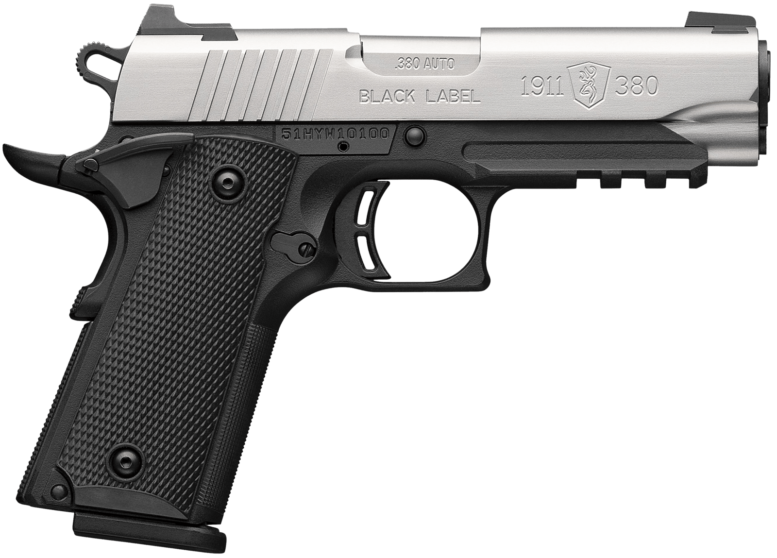 Browning 051121492 1911 Black Label Compact 380 ACP 8+1 3.63" Stainless Steel Barrel, Satin Stainless Steel Serrated Slide, Matte Black Polymer Frame w/Picatinny Rail, Black Polymer Grip