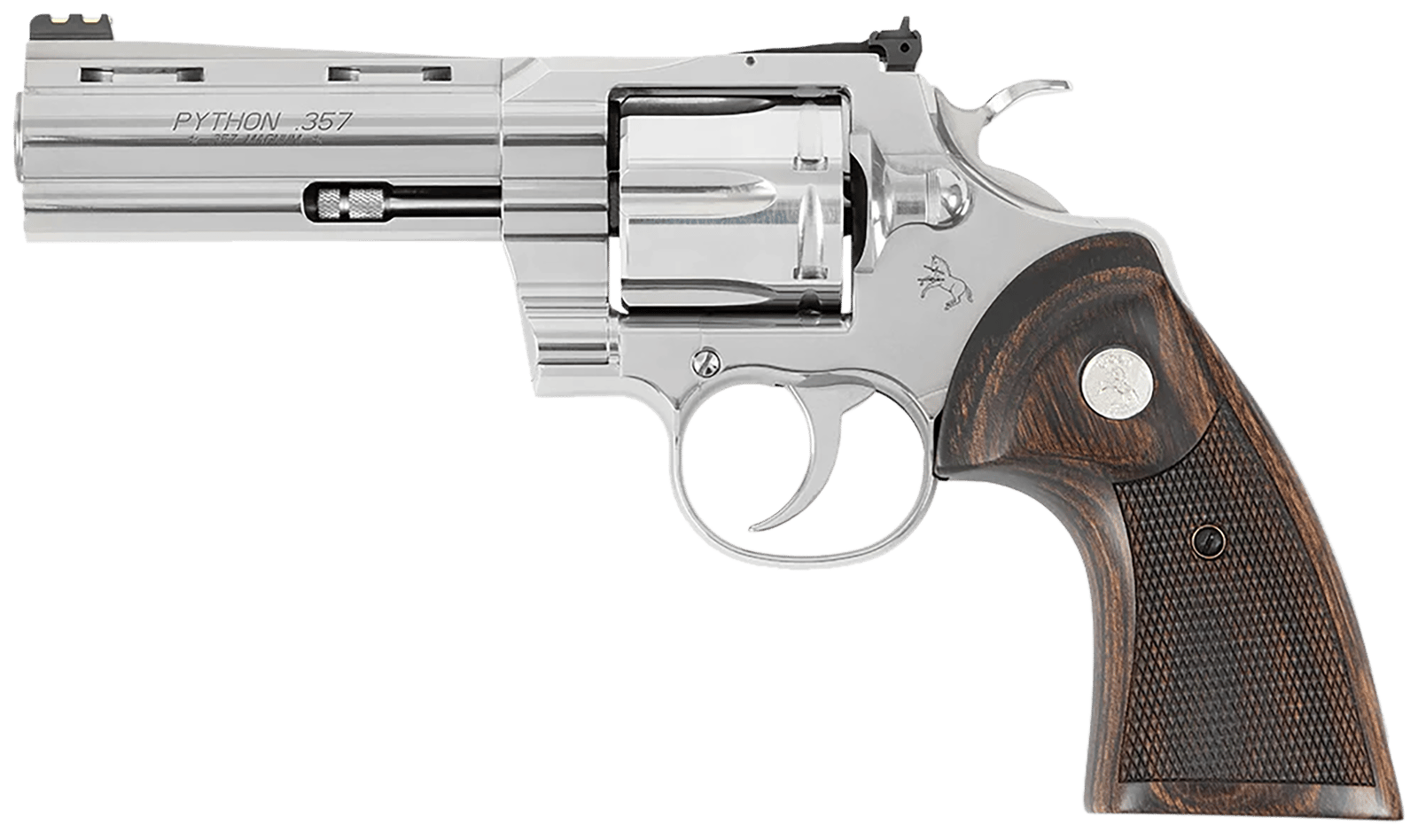 Colt Mfg PYTHONSP4WFTG Python Target 357 Mag/38 Special 6 Shot 4.25" Polished Stainless Steel Recessed Target Vent Rib Barrel, Cylinder & Frame, Walnut w/Medallion Grip, Exposed Hammer