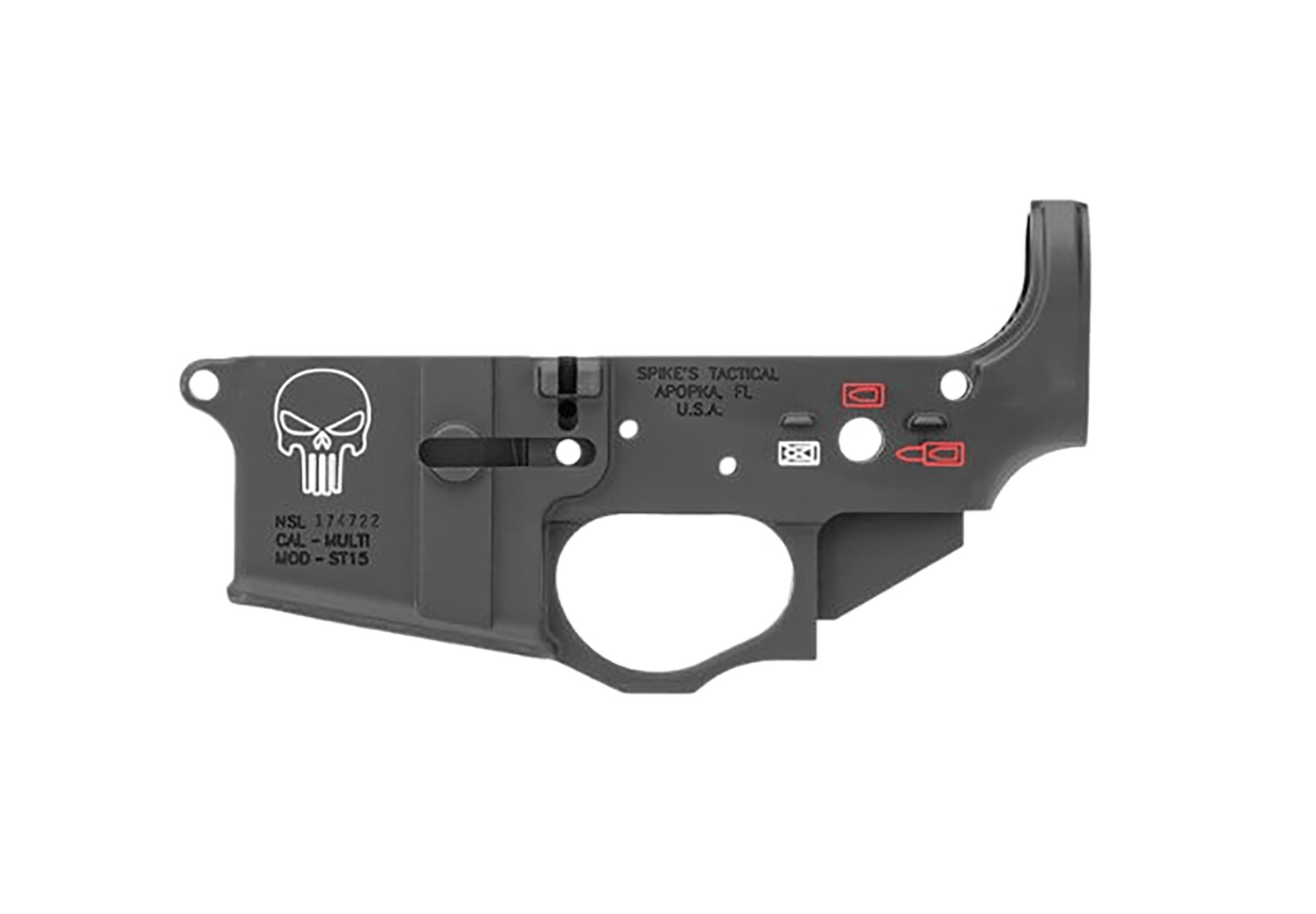Spikes Tactical STLS015CFA Punisher Stripped Lower Receiver Multi-Caliber 7075-T6 Aluminum Black Anodized with Color Fill for AR-15