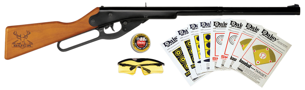 Daisy 994105403 Buck Shooting Kit Spring Piston 177 BB 400rd Shot 350 fps, Black Barrel/Rec, Stained Hardwood Furniture, Includes Glasses/Premium Ammo/Targets