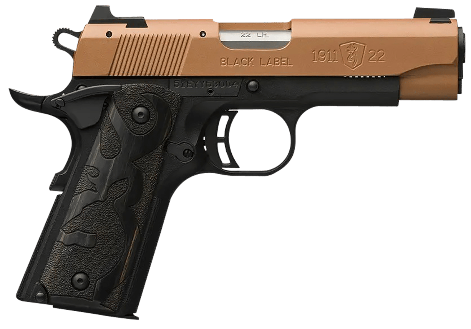 Browning 051896490 1911 Black Label Compact Frame 22 LR 10+1, 3.63" Matte Stainless Steel Barrel, Copper Cerakote Serrated Slide, Matte Black Polymer Frame w/Beavertail, Black Laminate Wood Grip