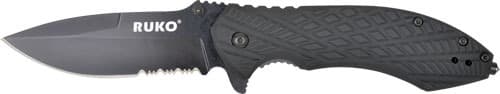 RUKO FOLDER SERRATED 3.25" BLACK HANDLE CLAMSHELL