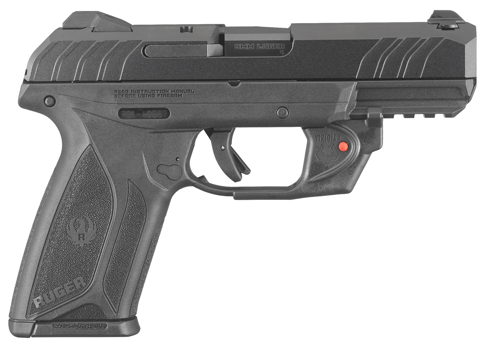 Ruger 3816 Security-9  9mm Luger  4" Barrel 15+1, Black Polymer Frame With Picatinny Acc. Rail, Front Serrated Black Oxide Steel Slide, Manual Safety, Includes Viridian Red Laser