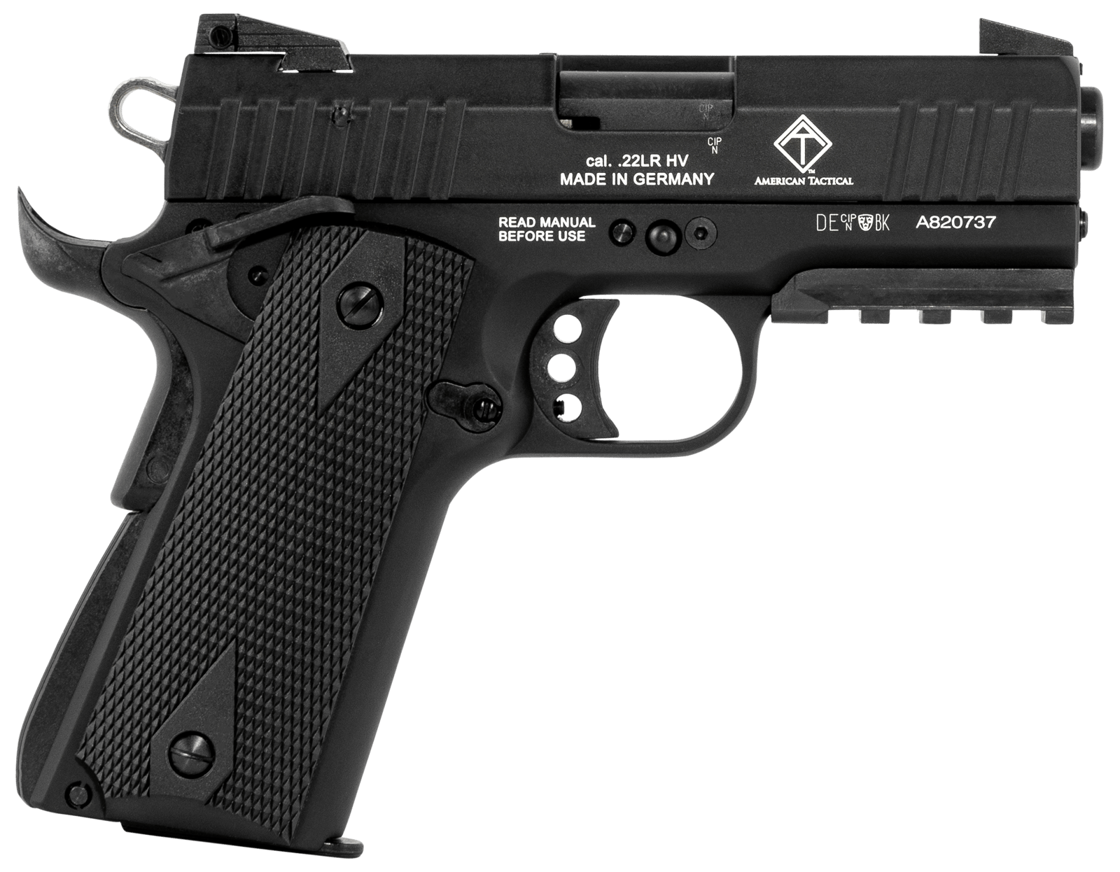 GSG GERG2210GSG9CA 922 *CA Compliant 22 LR 10+1 3.40" All Black Steel Barrel, Serrated Slide, Zinc Alloy w/Picatinny Rail & Beavertail Frame, Black Double Diamond Polymer Grip