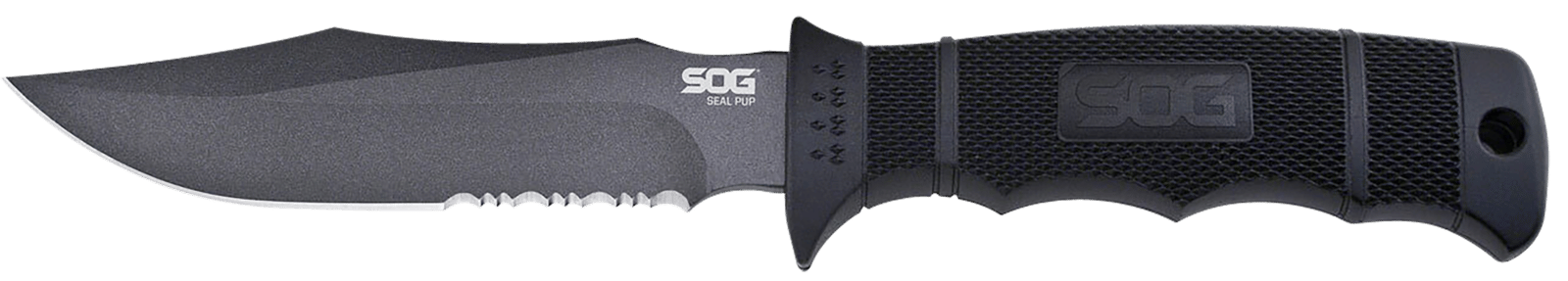S.O.G SOGM37K Seal Pup  4.75" Fixed Clip Point Part Serrated Powder Coated AUS-8A SS Blade Black w/Raised Diamond Pattern GRN Handle Includes Sheath