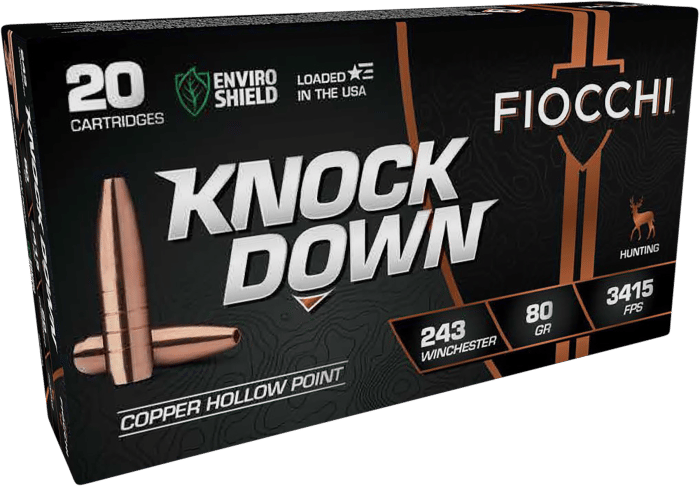 Fiocchi 243BHC Knock Down  243Win 80gr Copper Hollow Point 20 Per Box/10 Case
