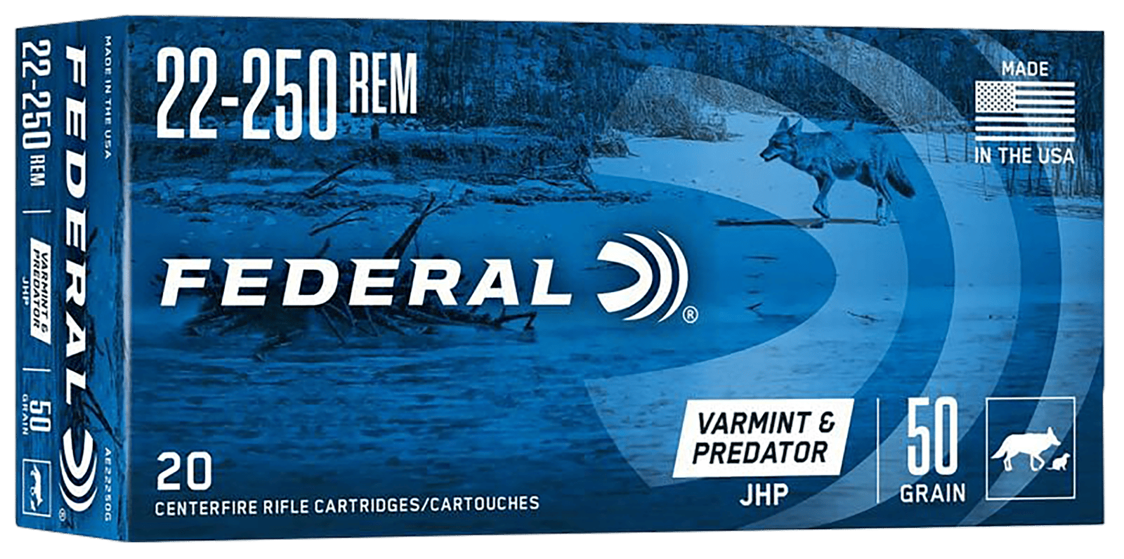 Federal AE22250G American Eagle Varmint & Predator 22-250Rem 50gr Jacketed Hollow Point 20 Per Box/10 Case