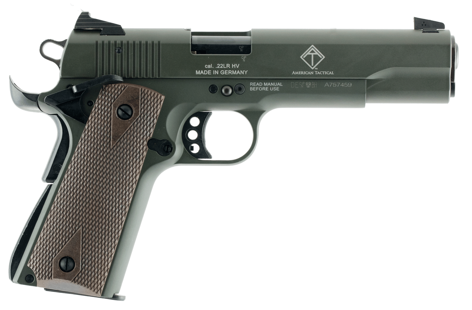 GSG GSG2210M1911G 1911  22 LR 10+1 5" Threaded Barrel, OD Green Serrated Slide, OD Green Zinc Alloy w/Beavertail Frame, Double Diamond Walnut Grip