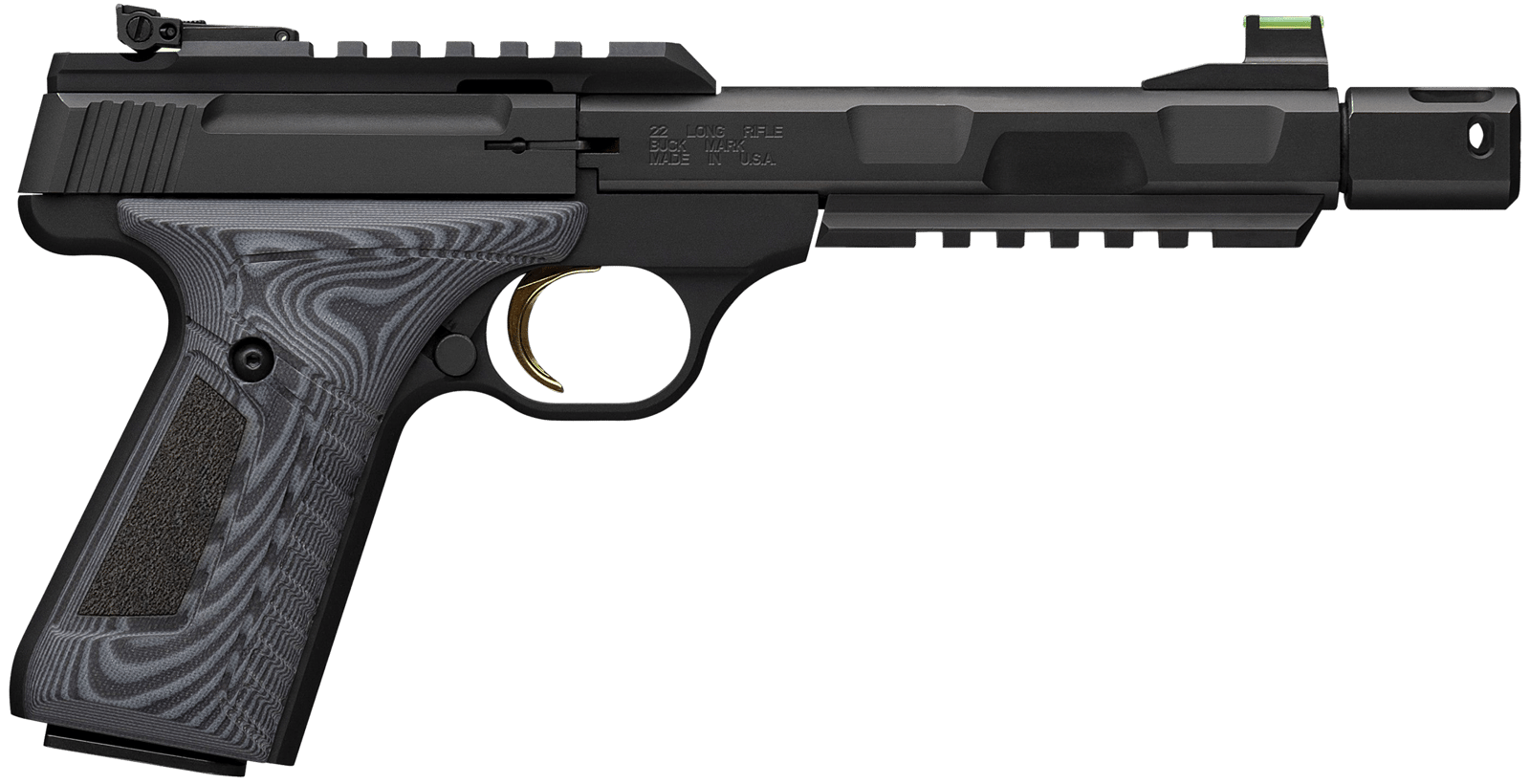 Browning 051598490 Buck Mark Contour Pro 22 LR 10+1 4.40" Black Threaded w/Compensator Barrel, Matte Black Picatinny Rail Receiver, Matte Black Aluminum Frame w/Picatinny Rail, Black/Gray G10 Grip