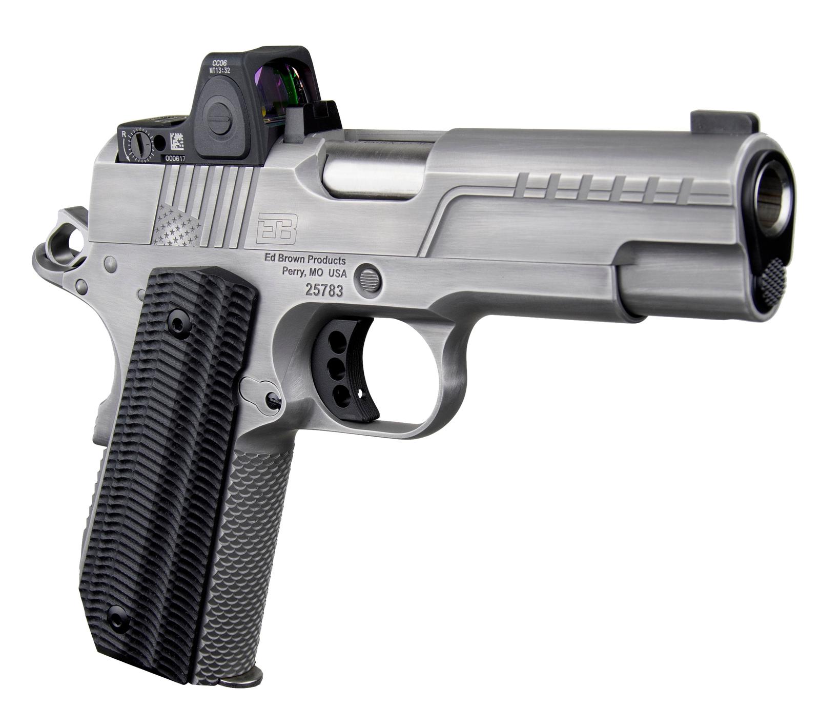 Ed Brown FX2SS FX2  45 ACP 7+1 4.25" Recessed Crown Barrel, Stainless Steel Engraved American Flag/Serrated Slide, Stainless Steel Frame, Trijicon RMRcc 3.25 MOA Sight