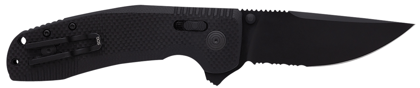 S.O.G SOG12380341 SOG-TAC XR 3.39" Folding Clip Point Part Serrated Black TiNi Cryo D2 Steel Blade Blackout G10 Handle Includes Pocket Clip