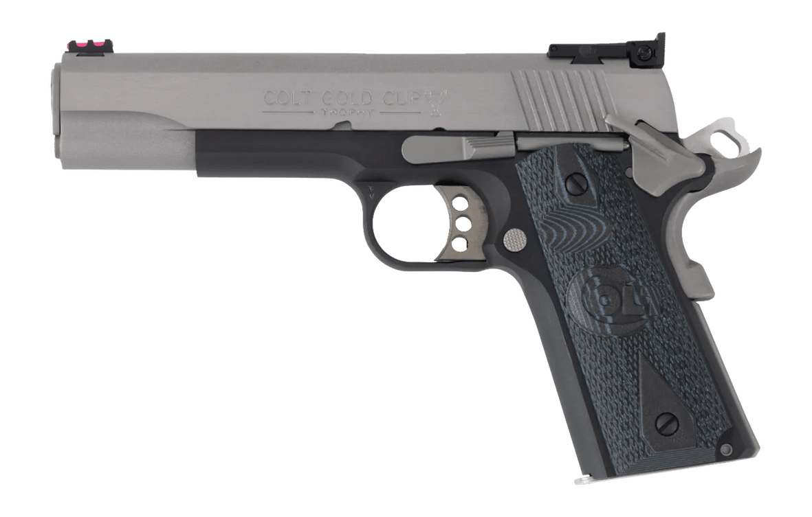 Colt Mfg O5973GCL-TT Gold Cup 38 Super 9+1 5" Stainless National Match Barrel, Brushed Stainless Steel Serrated Slide, Black/Stainless Steel Frame w/Beavertail, Blue Scalloped G10 Grip, Ambidextrous