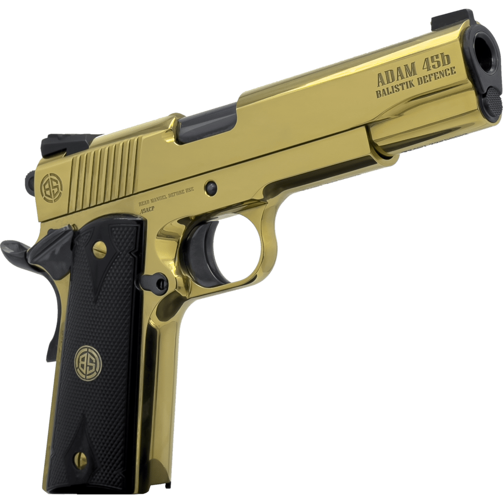 Dickinson LLC DKSN45GB Adam 1911 Golden 45 ACP 8+1 5" Black Barrel, Gold Cerakote Steel B Serrations Slide, Gold Steel Frame w/Beavertail, Black Textured Grip