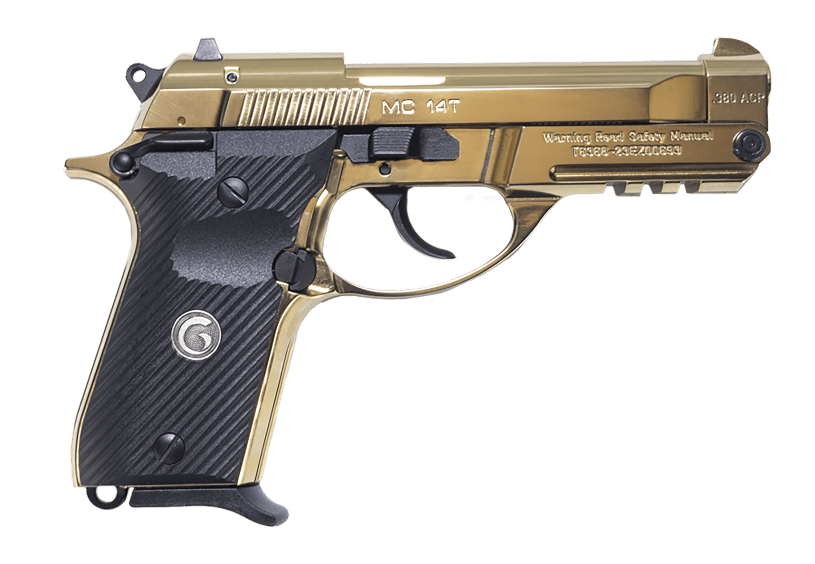 Girsan 390870 MC 14T Solution Compact Frame 380 ACP 13+1 4.50" Gold Plated PVD Steel Tip-Up Barrel, Gold Plated Serrated Steel Slide, Gold Plated Aluminum Frame w/Picatinny Rail, Black Polymer Grip