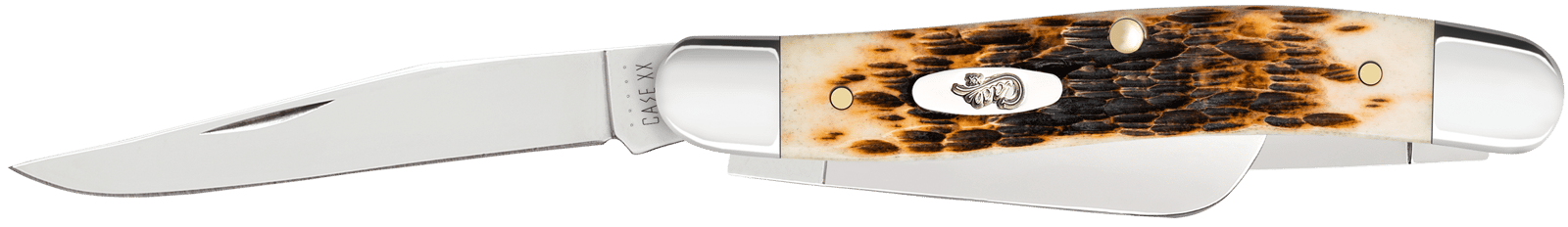 Case 00042 Stockman  Medium 2.57"/1.88"/1.71" Folding Clip Point/Sheepsfoot/Spey Plain Mirror Polished Tru-Sharp SS Blade Peach Seed Jigged Amber Bone Handle