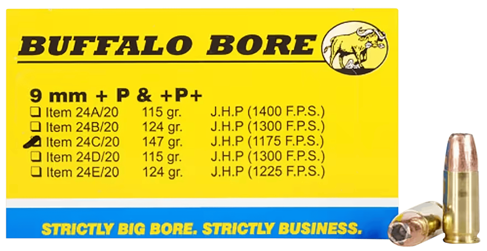 Buffalo Bore Ammunition 24C20 Personal Defense Strictly Business 9mmLuger +P+ 147gr Jacket Hollow Point 20 Per Box/12 Case