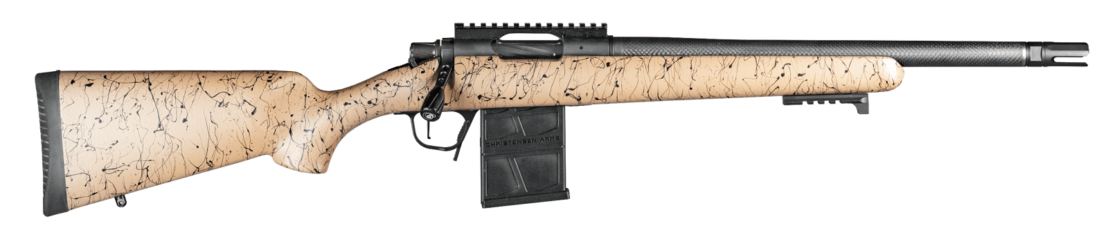 Christensen Arms 8010612000 Ridgeline Scout Full Size 308 Win 4+1, 16" Black Nitride Steel Threaded Barrel, Black Nitride Aluminum Receiver, Tan w/Black Webbing Fixed Sporter Stock